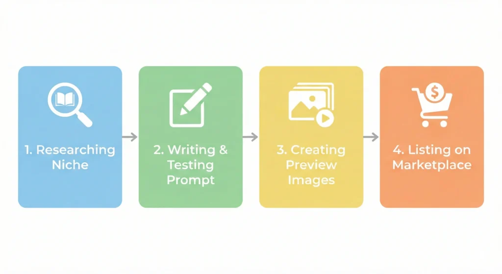 प्रॉम्प्ट बेचने की प्रक्रिया का चरण-दर-चरण इन्फोग्राफिक।