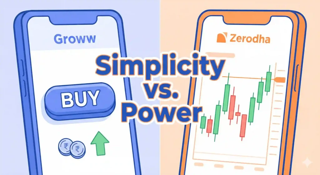  Comparison of user interfaces between beginner trading apps Groww and Zerodha.