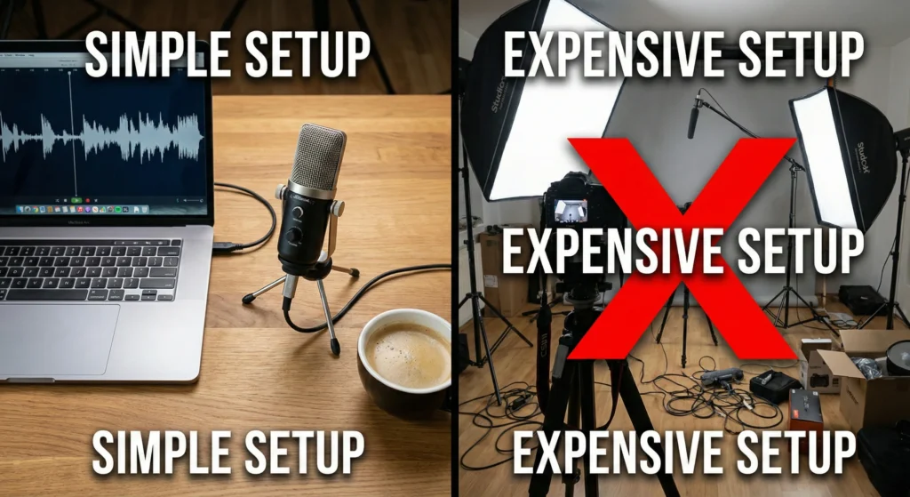बाएं तरफ एक साधारण माइक और लैपटॉप सेटअप, और दाएं तरफ एक महंगा कैमरा और लाइट सेटअप जिसे क्रॉस किया गया है, जो दर्शाता है कि फेसलेस चैनल के लिए कम उपकरण चाहिए।
