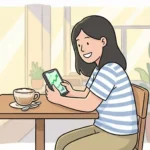 A beginner investor happily checking the best trading app on their phone in a cafe.