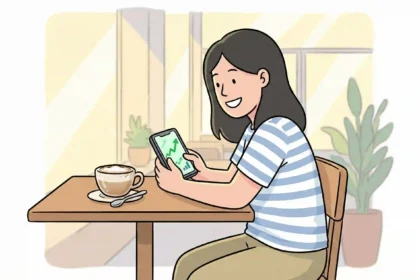 A beginner investor happily checking the best trading app on their phone in a cafe.