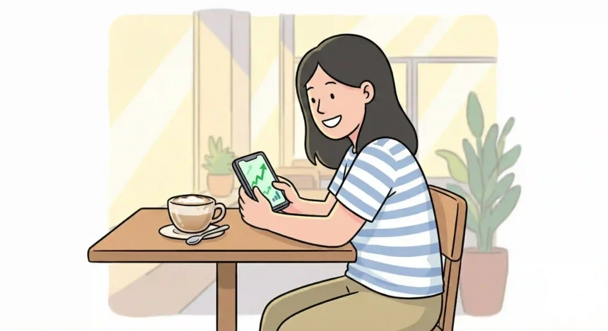 A beginner investor happily checking the best trading app on their phone in a cafe.