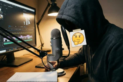 एक क्रिएटर हुडी पहनकर माइक्रोफ़ोन पर रिकॉर्डिंग कर रहा है और अपना चेहरा छिपा रहा है, कंप्यूटर पर वीडियो एडिटिंग चल रही है।
