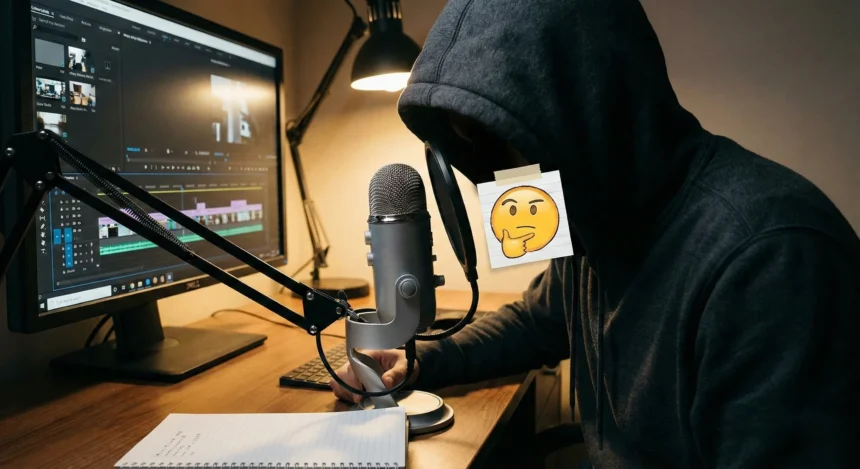 एक क्रिएटर हुडी पहनकर माइक्रोफ़ोन पर रिकॉर्डिंग कर रहा है और अपना चेहरा छिपा रहा है, कंप्यूटर पर वीडियो एडिटिंग चल रही है।